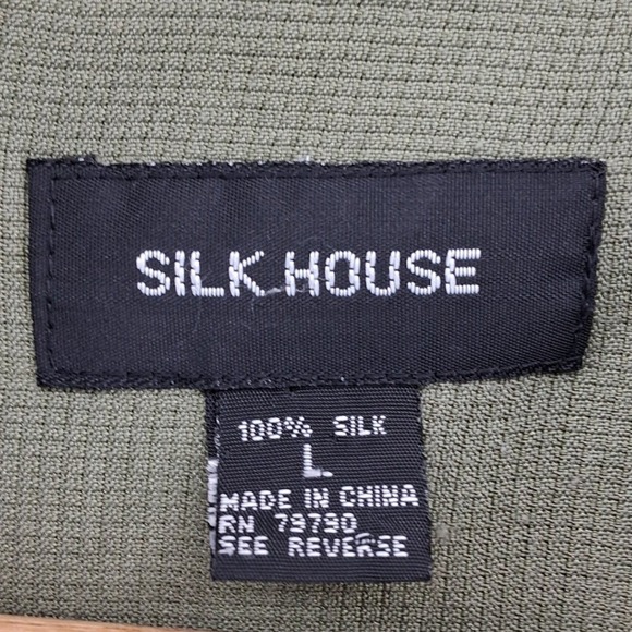 Silk House Olive Green 100% Silk Long Sleeve Button Down Shirt Career Layering - Picture 6 of 10